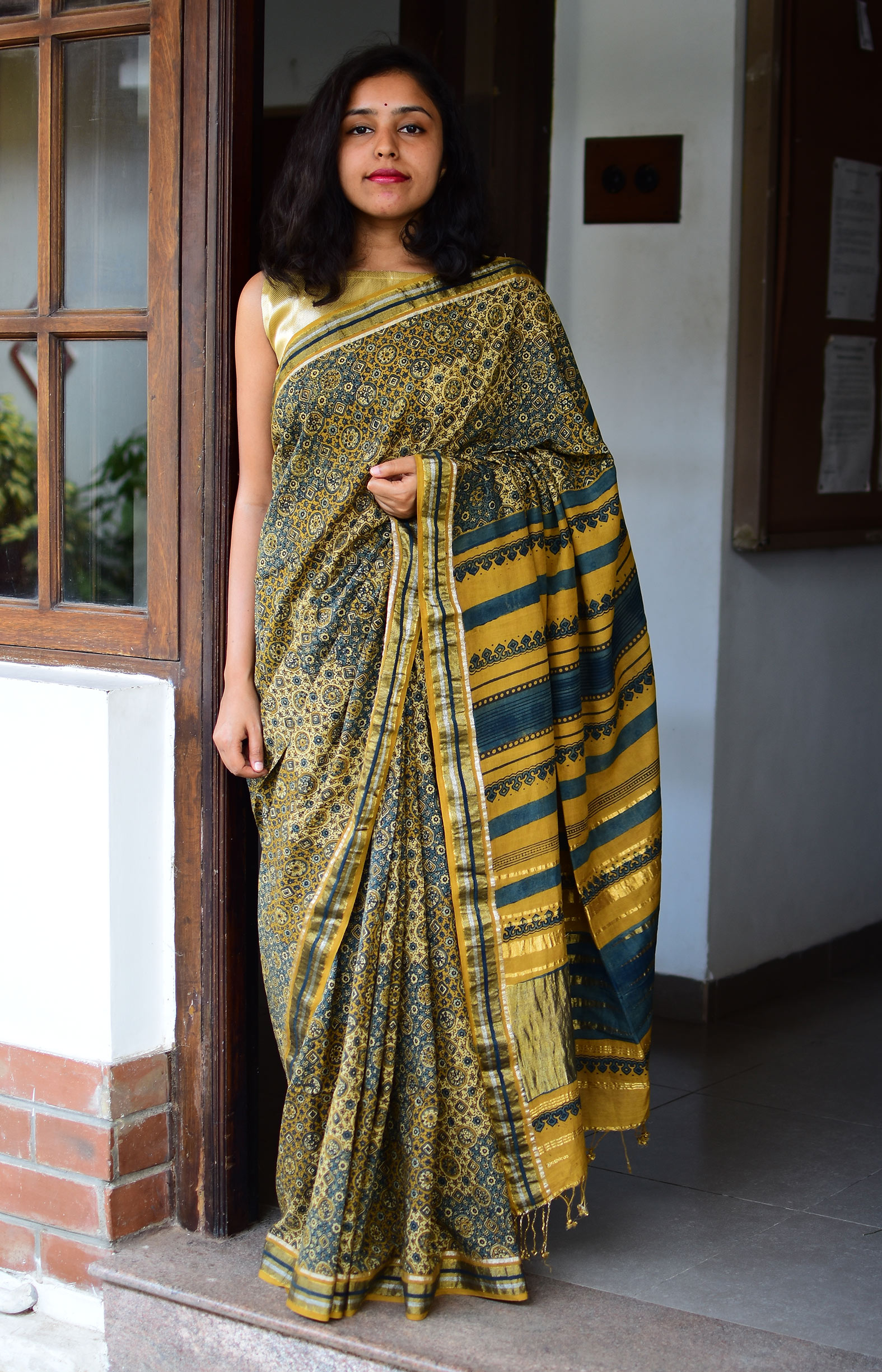 Indigo Blue & Yellow, Handwoven Organic Cotton, Plain Weave , Natural dye, Hand block printed, Occasion Wear, Jari, Ajrakh Saree